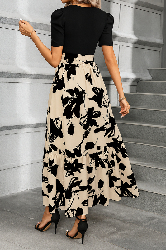 Elegant Black & Beige Floral Maxi Dress for Women