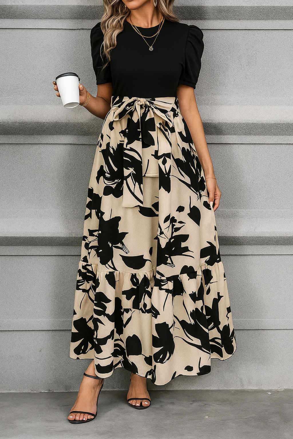 Elegant Black & Beige Floral Maxi Dress for Women