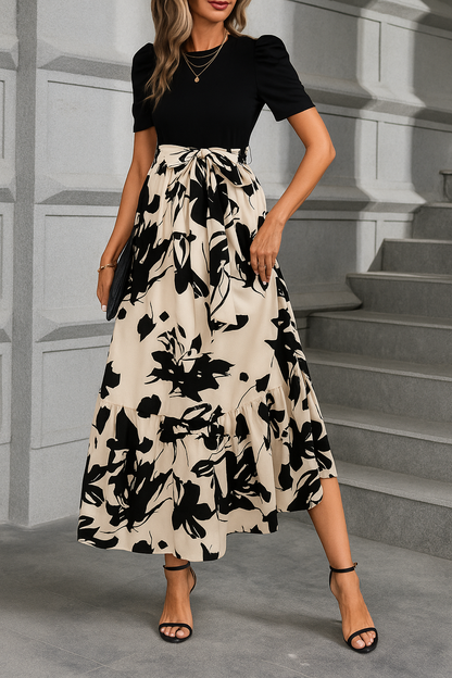 Elegant Black & Beige Floral Maxi Dress for Women