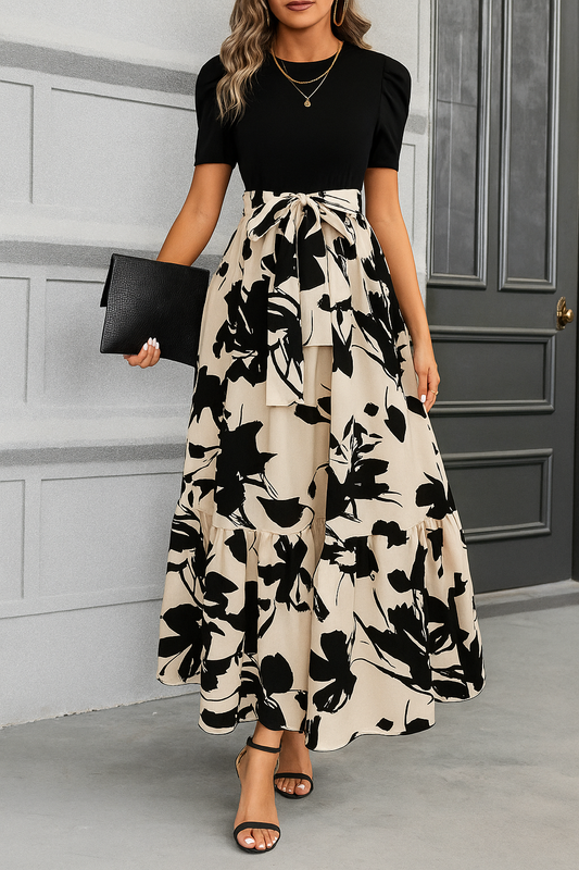 Elegant Black & Beige Floral Maxi Dress for Women